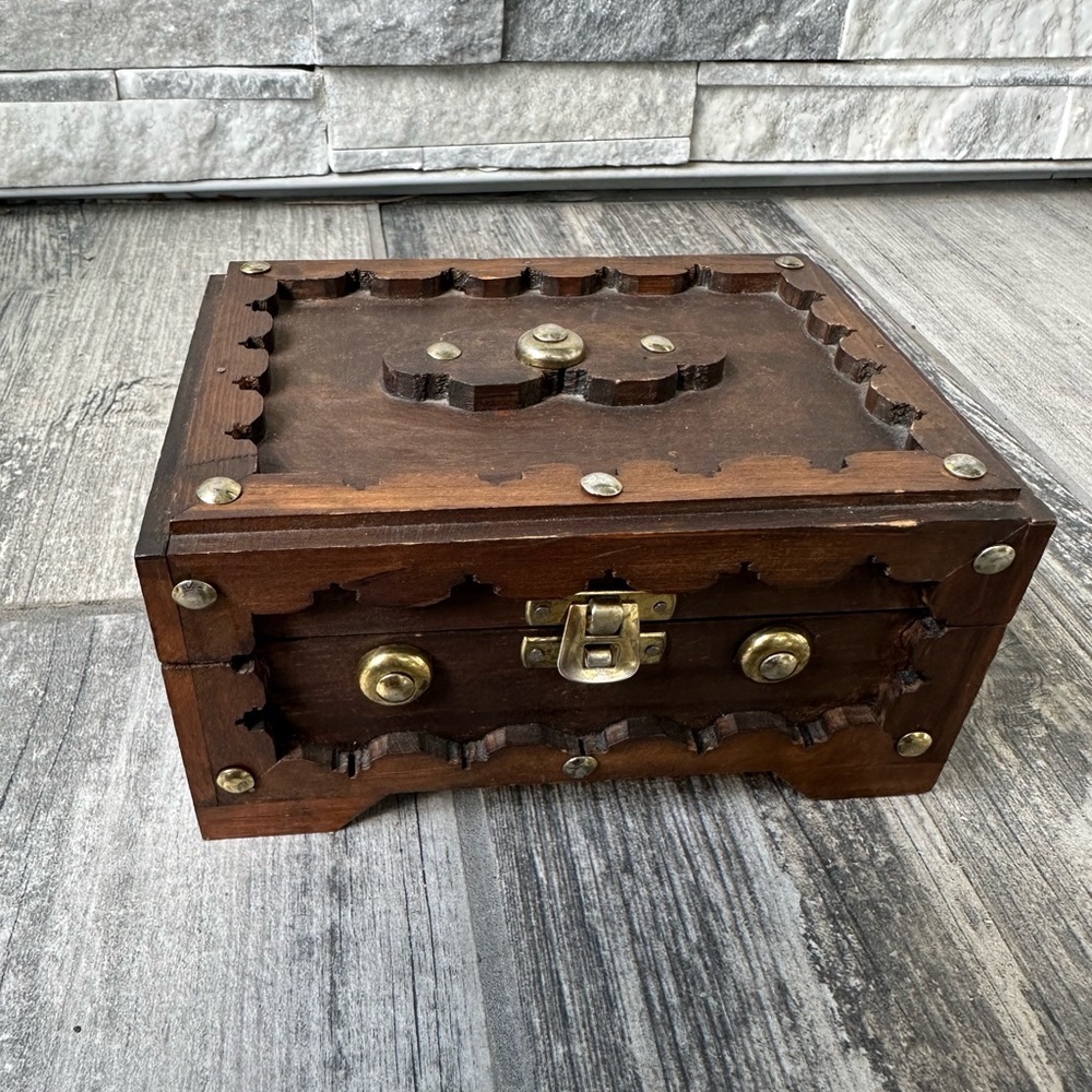 Vintage MCM Handmade Wooden Trinket
Jewelry Box with  Metal Accents